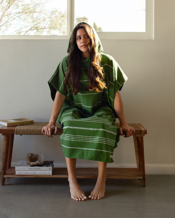 Alternative view of Classic Stripe Hooded Poncho - Green