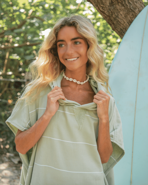 Classic Stripe Hooded Poncho - Celadon Green - Image 7