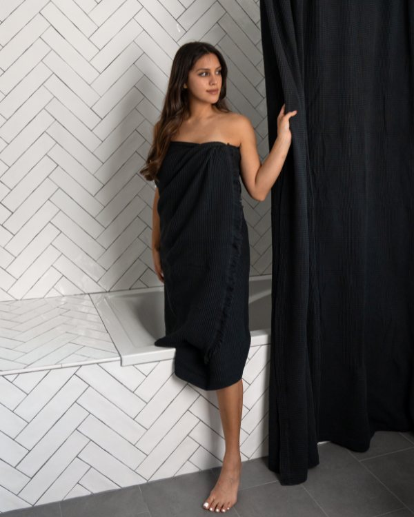 Alternative view of Micro Waffle Shower Curtain - Black